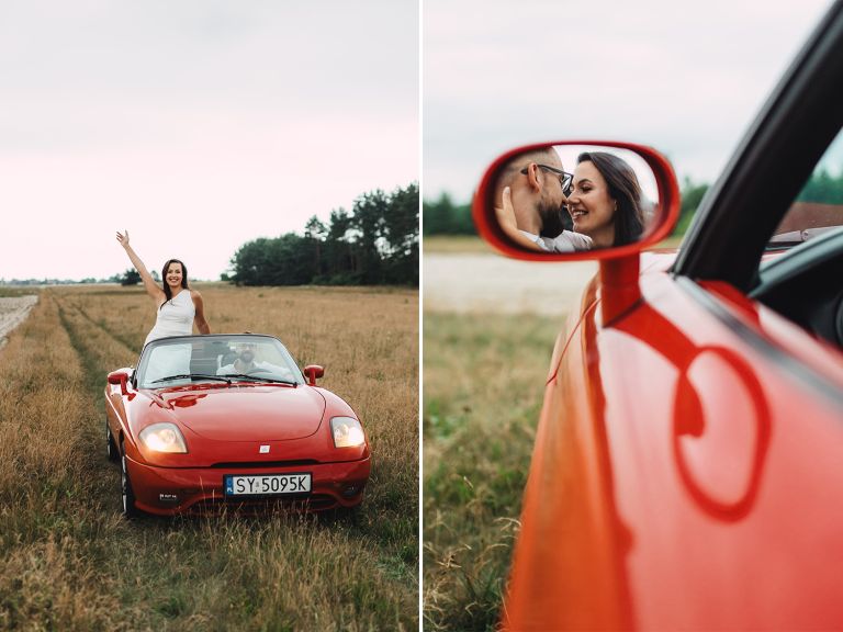 Fiat Barchetta na tle letniego krajobrazu – sesja narzeczeńska