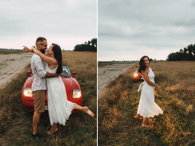 Sesja narzeczeńska w plenerze z klasycznym Fiatem