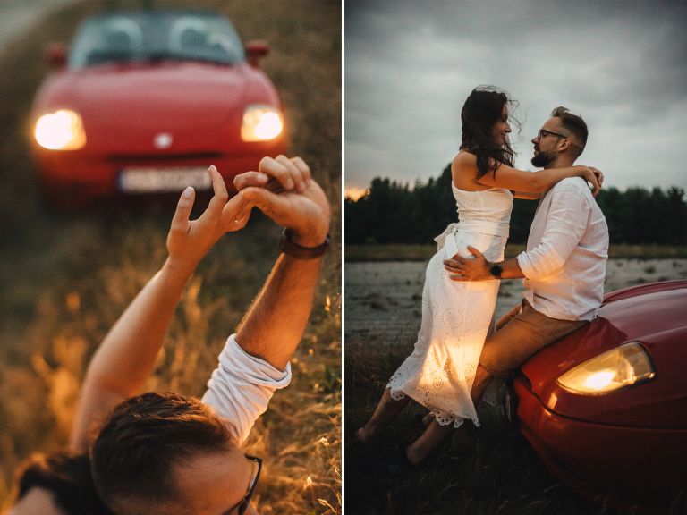 Detal z sesji zaręczynowej – cytryny i wino na kocu