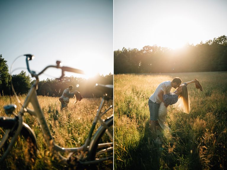 Sesja narzeczeńska z rowerem o zachodzie słońca, Katowice, Śląsk